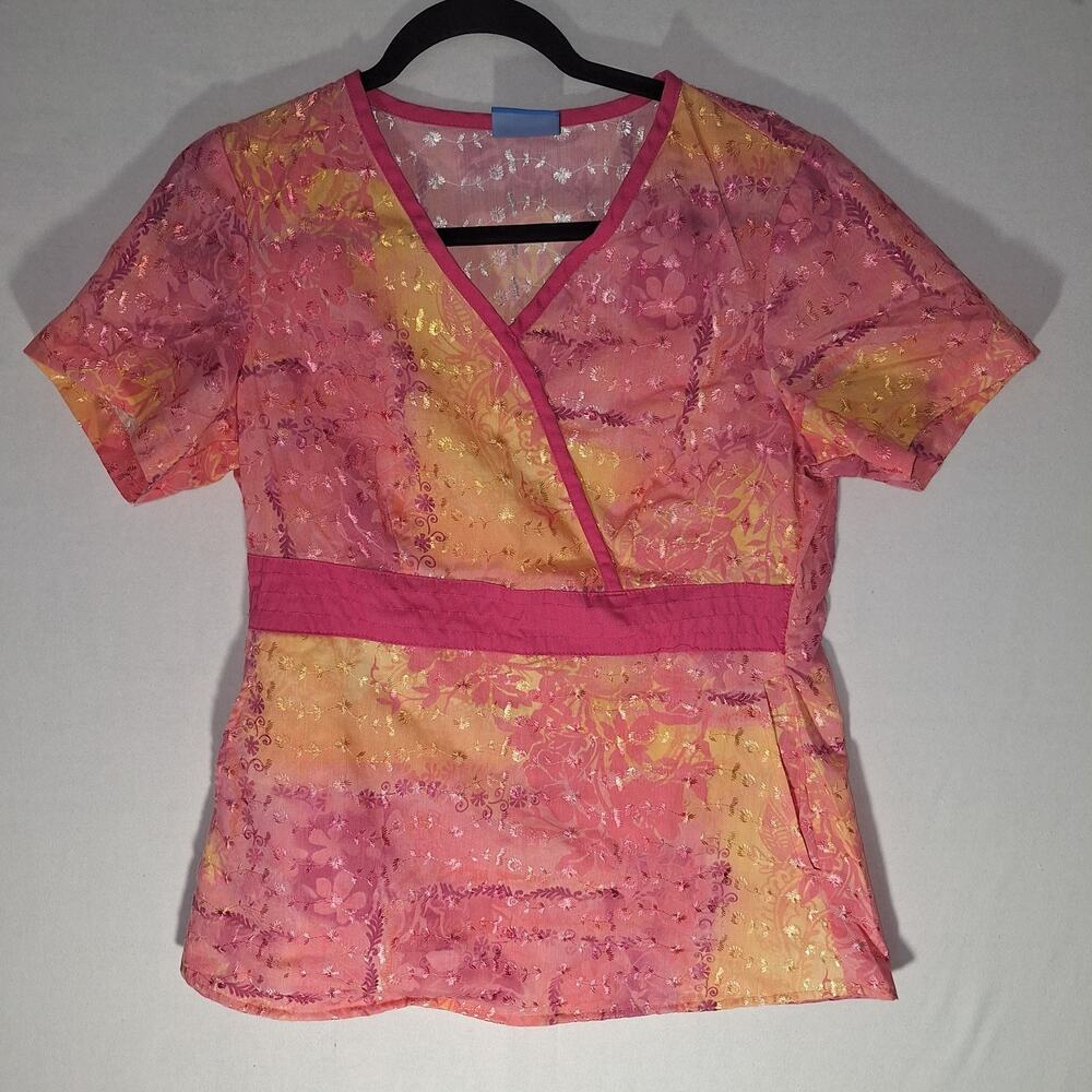 Elan By Barco Womens Scrub Top XS Peach Pink Floral Embroidery Feminine Pockets